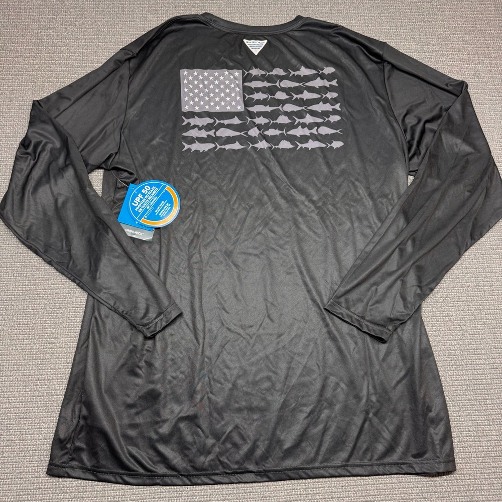 Columbia PFG Mens XL Black Long Sleeve Fish Flag UPF 50 Omni-Wick Shirt NWT